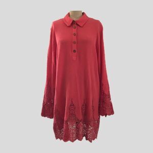 Soft Surroundings Coral Pink Cotton Linen Crochet Collared Tunic Collared Top L